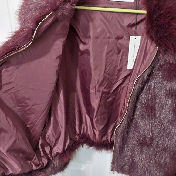 Rebecca Minkoff Fuax Fur Coat, Burgundy, NWT, Size L - Picture 6 of 10